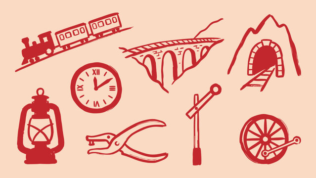 Retro train and railway vector illustration set featuring steam locomotive viaduct tunnel station clock lantern and ticket puncher