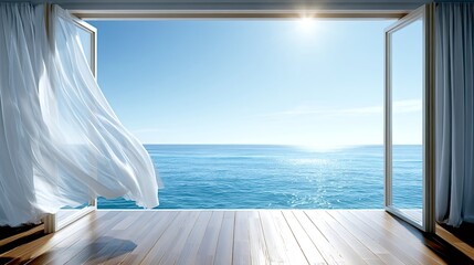 Fototapeta premium Tranquil open window with flowing white curtain providing a refreshing view of the sparkling blue ocean and clear sky, evoking a sense of peaceful summer vacation by the sea