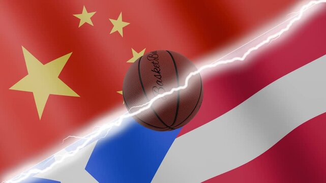 Spinning basketball ball against waving flags Puerto Rico and China separated by a diagonal electric effect, seamless 4k loop