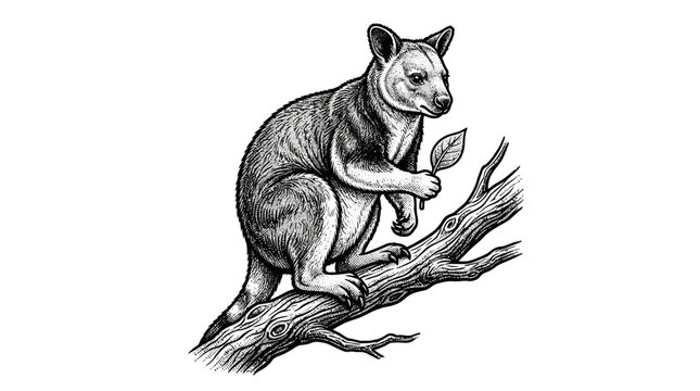 Possum on tree branch woodcut illustration.