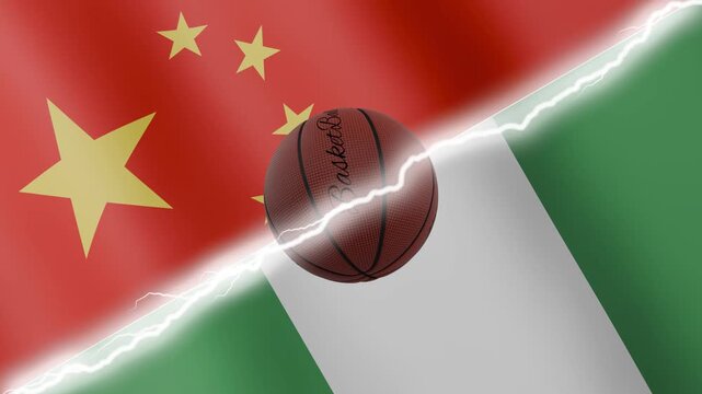 Spinning basketball ball against waving flags Nigeria and China separated by a diagonal electric effect, seamless 4k loop