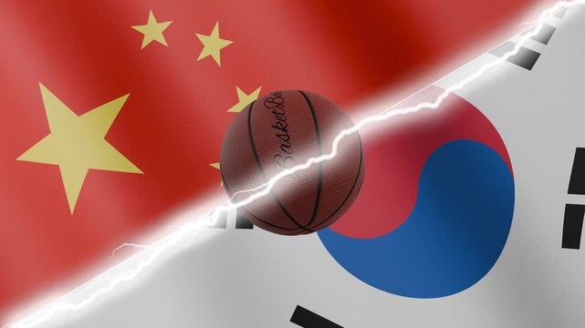 Spinning basketball ball against waving flags South Korea and China separated by a diagonal electric effect, seamless 4k loop