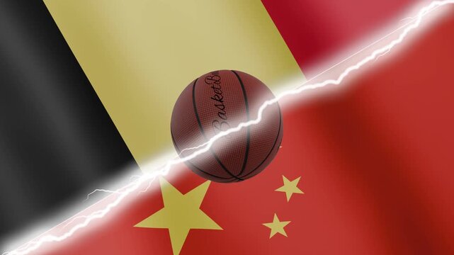 Spinning basketball ball against waving flags China and Belgium separated by a diagonal electric effect, seamless 4k loop
