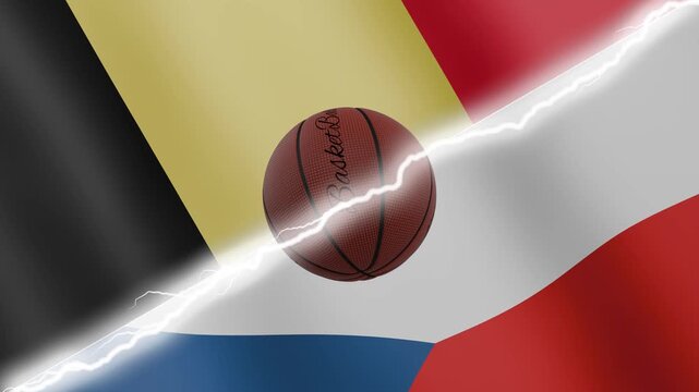 Spinning basketball ball against waving flags Czechia and Belgium separated by a diagonal electric effect, seamless 4k loop