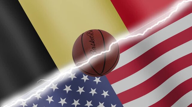 Spinning basketball ball against waving flags United States of America and Belgium separated by a diagonal electric effect, seamless 4k loop