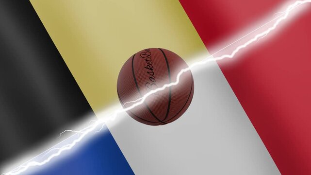 Spinning basketball ball against waving flags France and Belgium separated by a diagonal electric effect, seamless 4k loop