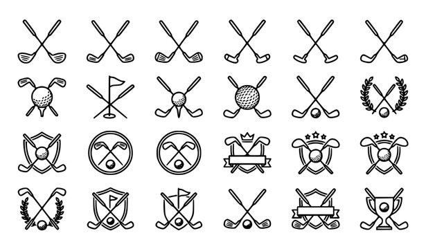 Crossed golf club minimal line art icon set vector isolated on white background