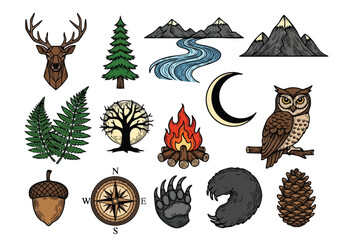 Fototapeta premium Set of hand drawn wilderness adventure icons