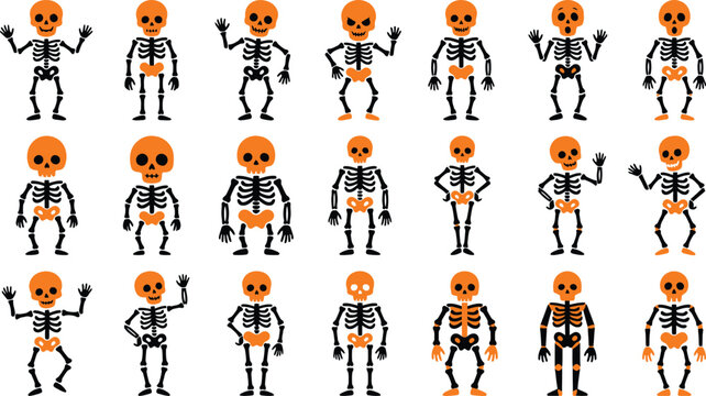 A collection of various cartoon skeleton characters with glowing orange skulls arranged in a grid pattern on a white background