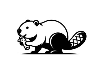 Fototapeta premium Happy cartoon beaver sitting on ground with grass and stick