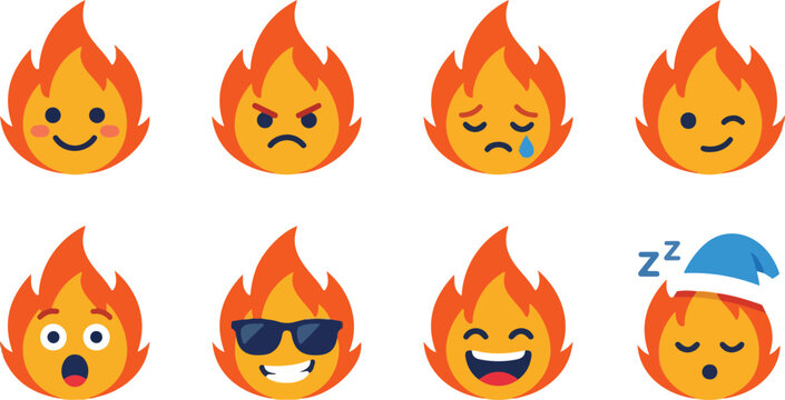 Colorful flame character set vector illustration showing expressive fire emojis with different emotions in cute cartoon design concept