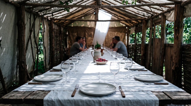 A long table laid with white plates and glasses inside a temporary garden hut, dappled shade from the branch roof striping the cloth