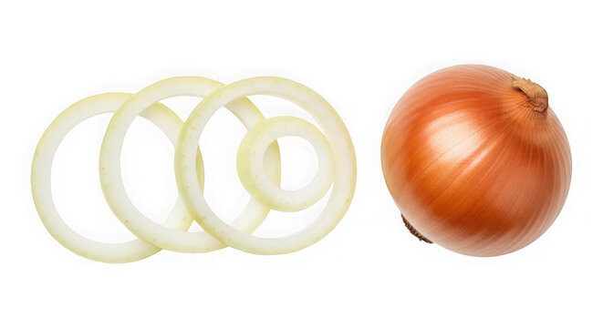 Fresh whole brown onion and sliced onion rings for healthy cooking