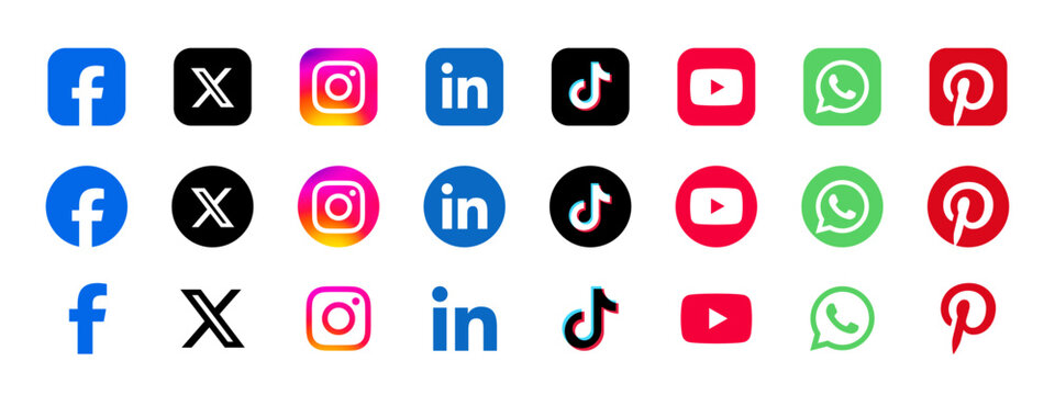 Social media logo icons. Collection of round vector logos for Facebook, X, Instagram, YouTube, TikTok, Whatsapp, LinkedIn and Pinterest