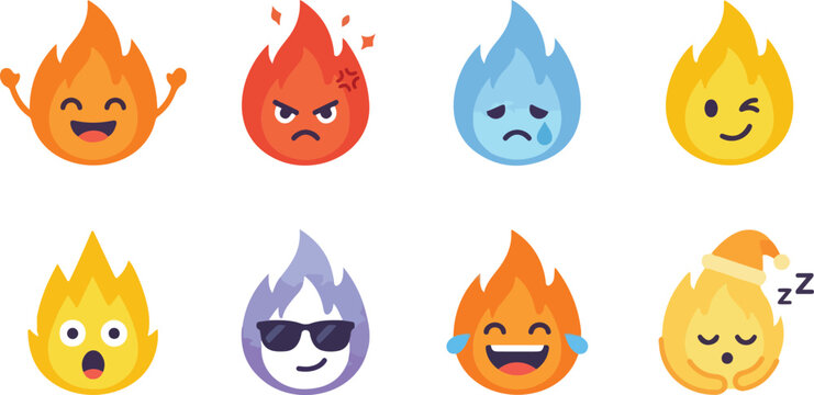 Colorful flame character set vector illustration showing expressive fire emojis with different emotions in cute cartoon design concept