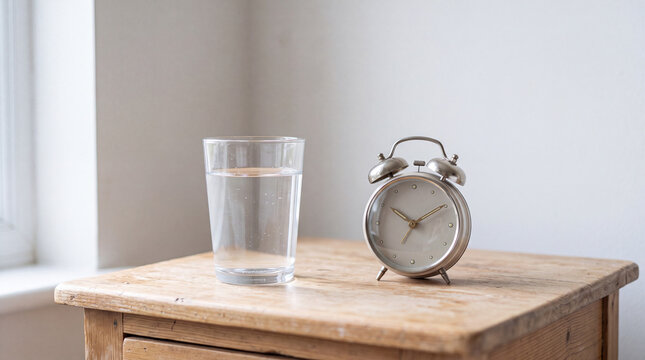 Glass of water and a small analogue alarm clock on a bare wooden bedside table in early grey light