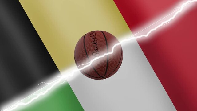 Spinning basketball ball against waving flags Italy and Belgium separated by a diagonal electric effect, seamless 4k loop