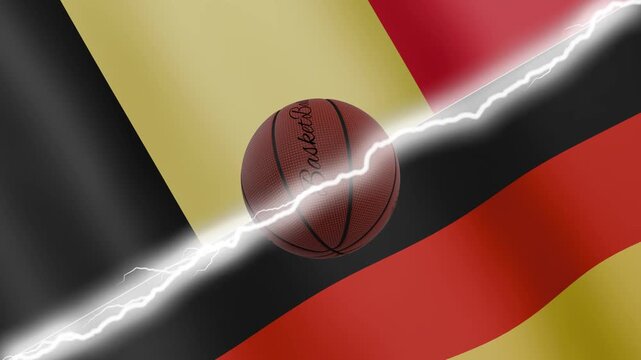 Spinning basketball ball against waving flags Germany and Belgium separated by a diagonal electric effect, seamless 4k loop