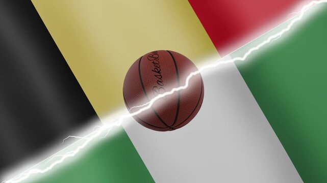 Spinning basketball ball against waving flags Nigeria and Belgium separated by a diagonal electric effect, seamless 4k loop
