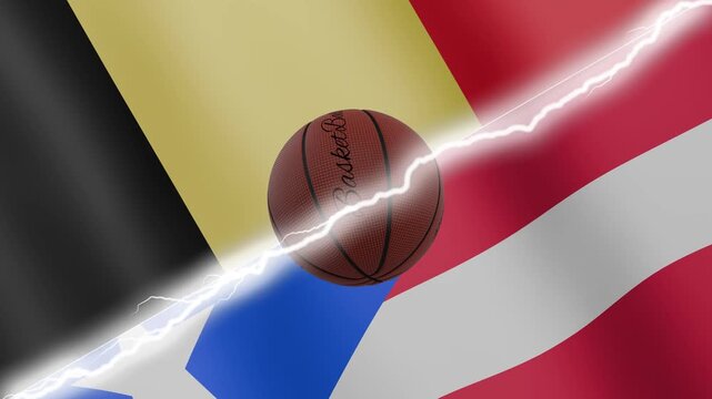 Spinning basketball ball against waving flags Puerto Rico and Belgium separated by a diagonal electric effect, seamless 4k loop
