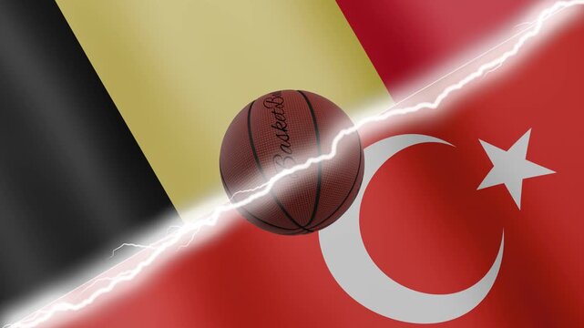 Spinning basketball ball against waving flags Turkey and Belgium separated by a diagonal electric effect, seamless 4k loop