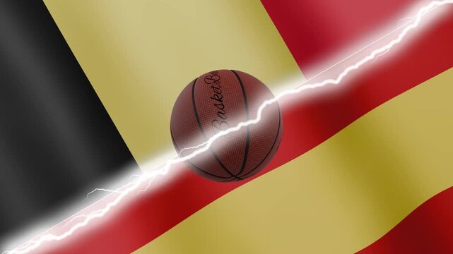 Spinning basketball ball against waving flags Spain and Belgium separated by a diagonal electric effect, seamless 4k loop