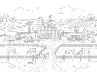 Fototapeta premium Rural farm landscape with barn silo tractor and grazing cows line art
