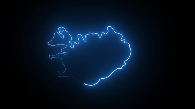 Glowing neon outline map of iceland with blue light effect on a dark black background