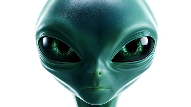 Green alien head with large dark eyes staring directly forward, representing themes of ufos, science fiction, outer space, and contact with intelligence from another planet