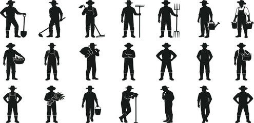 farmer silhouette set, agricultural male worker vector shapes, shovel rake pitchfork watering icons, farming countryside collection for website design artwork © RABBI