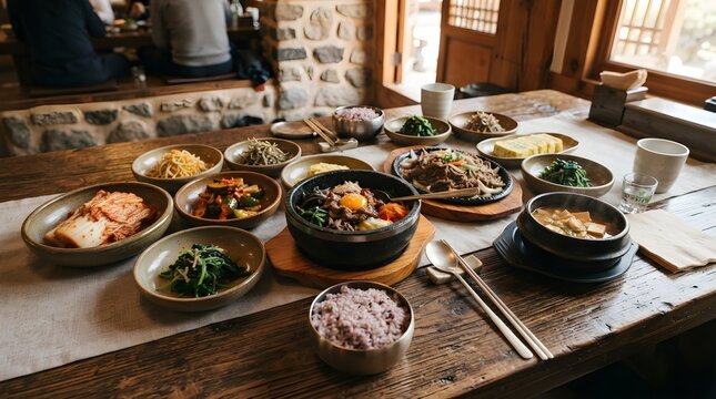  Cozy Korean-inspired dinner spread in a rustic dining room, with steaming stone bowls, rice, soups, colorful vegetables and shared side dishes creating a comforting feast of authentic Asian home-styl