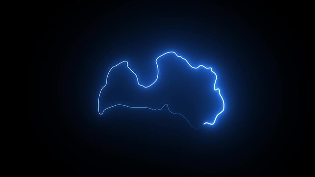Glowing neon blue outline map of latvia on a dark black background