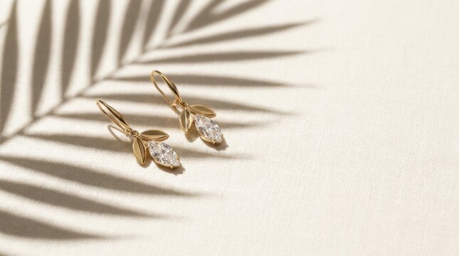 Elegant gold earrings with marquise cut crystals and palm leaf shadow