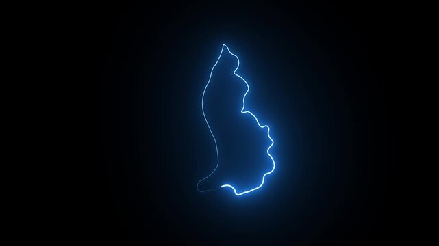 Glowing blue neon outline map of liechtenstein on a dark black background