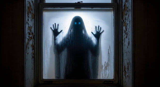 Scary ghost silhouette behind a frosted window for halloween horror theme