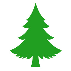 Obraz premium Green evergreen pine tree icon with layered branches and a clean symmetrical silhouette isolated on white background, simple vector illustration for Christmas, winter, nature, forest, holiday 