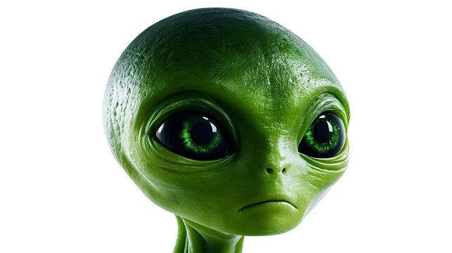 Green alien head, featuring large dark eyes and a smooth textured skin, gazing directly forward from a white background, representing extraterrestrial life and science fiction themes