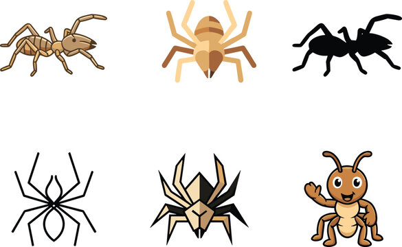 Camel Spider Solifugae Insect Mascot Logo Set Featuring Black Solid Silhouette Minimal Outline And Cute Waving Cartoon CharactersCamel Spider Solifugae Insect Mascot Logo Set Featuring Black Solid Sil