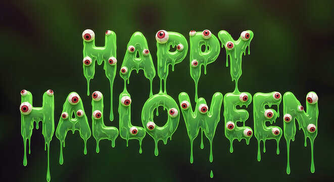 Green slime happy halloween text design with many creepy eyeballs attached