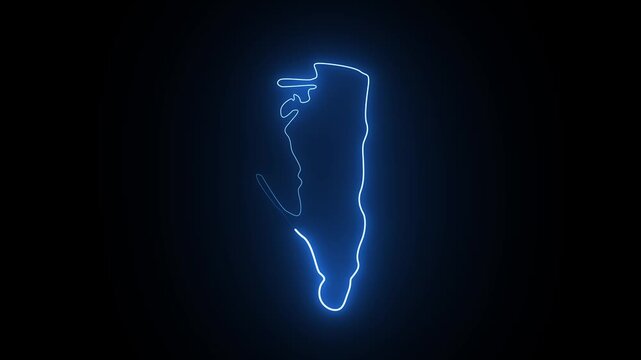 Glowing neon blue outline map of qatar country on a dark black background