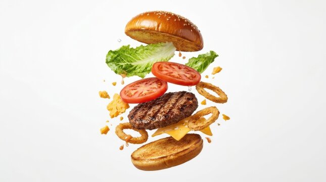 Delicious burger with floating ingredients isolated on white background