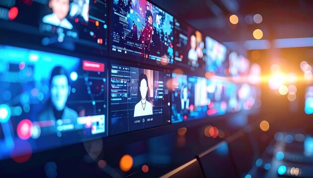 Multiple digital screens displaying video broadcast content.