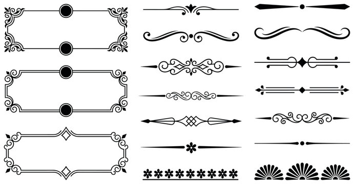 Calligraphic text dividers and elegant black frame borders for classic publication layouts.