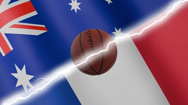Spinning basketball ball against waving flags France and Australia separated by a diagonal electric effect, seamless 4k loop