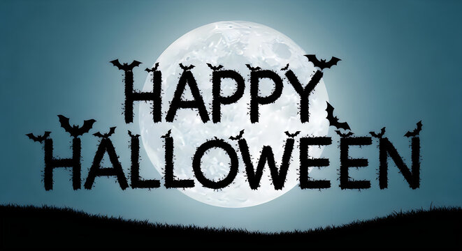 Happy halloween greeting card design with a glowing full moon background