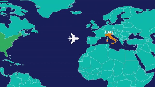 Flight Map Animation Showing Airplane Route Travelling From USA to Italy. Perfect visual for video editors, content creators, and marketing agencies needing high-end geographical transitions.