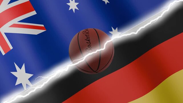 Spinning basketball ball against waving flags Germany and Australia separated by a diagonal electric effect, seamless 4k loop