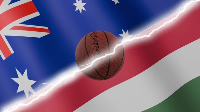 Spinning basketball ball against waving flags Hungary and Australia separated by a diagonal electric effect, seamless 4k loop