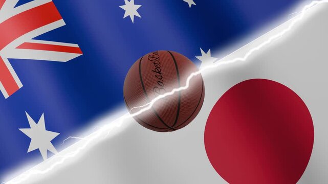 Spinning basketball ball against waving flags Japan and Australia separated by a diagonal electric effect, seamless 4k loop