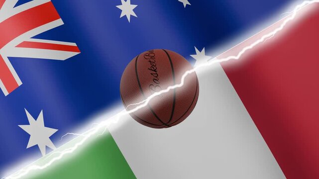 Spinning basketball ball against waving flags Italy and Australia separated by a diagonal electric effect, seamless 4k loop